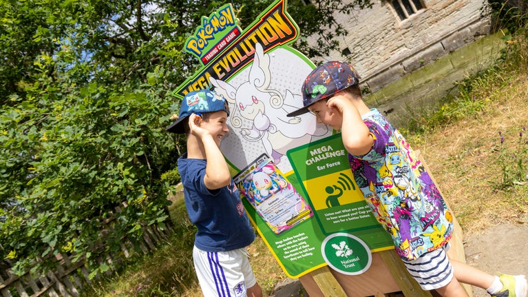 Two boys posing by the sign for the Pokémon Trail at Baddesley Clinton, Warwickshire